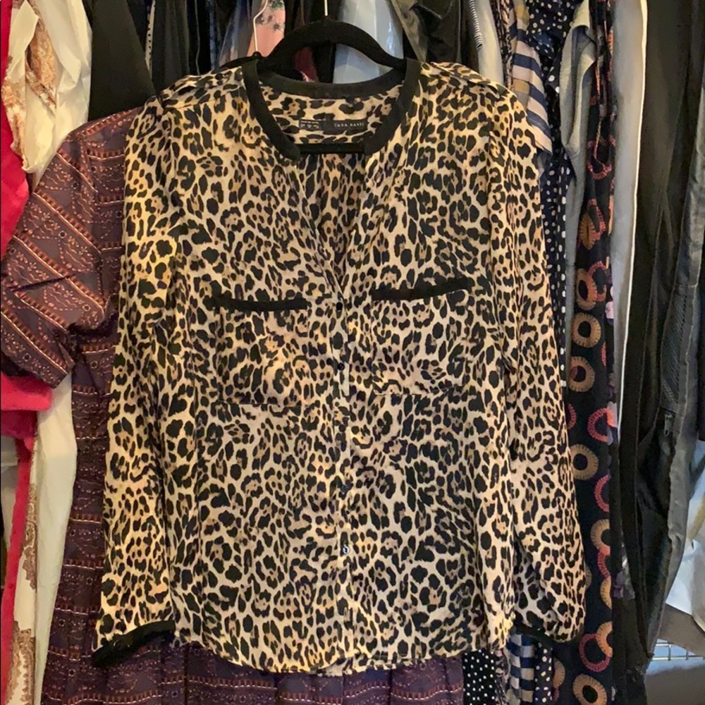 Zara leopard silky button down blouse top
